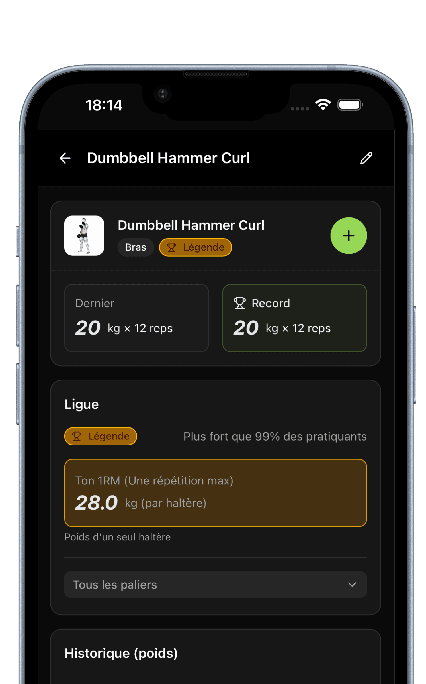 Détail d'un exercice dans l'app One More — Dumbbell Hammer Curl, dernier, record, ligue et 1RM